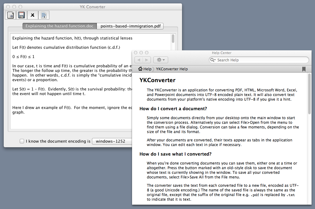 Screenshot of YKConverter with help open, on a Mac